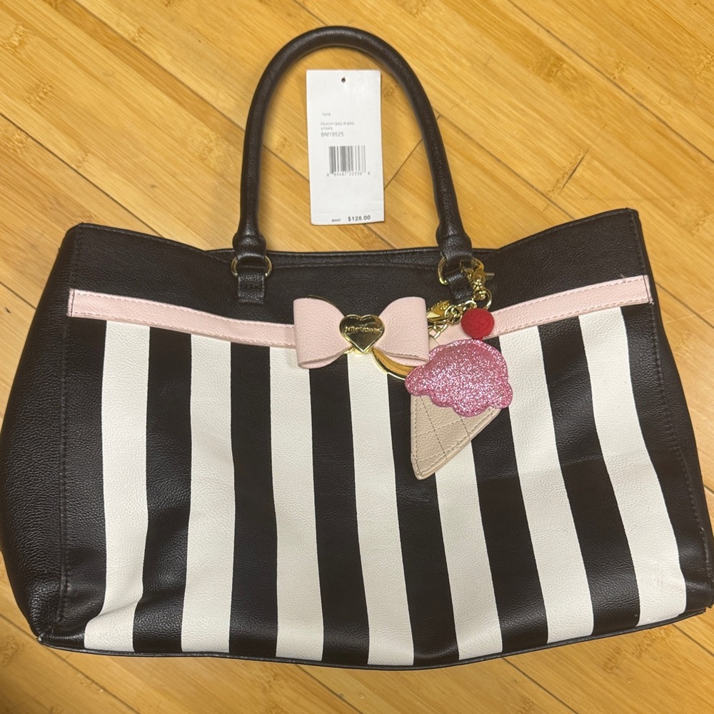 Betsey Black and White Striped Women's Bag with Pink Accents